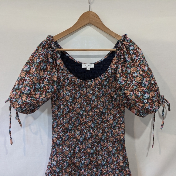 Mable 100% Cotton Floral Drop Waist Puff Sleeve Mini Dress Size Medium - Picture 2 of 12